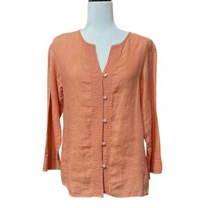 Liz Claiborne 100% Linen Button Front‎ Blouse 3/4 Sleeve Orange Peach Women's M